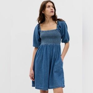 NWT Gap Cotton puff sleeve smocked denim casual fall open back mini dress XLT